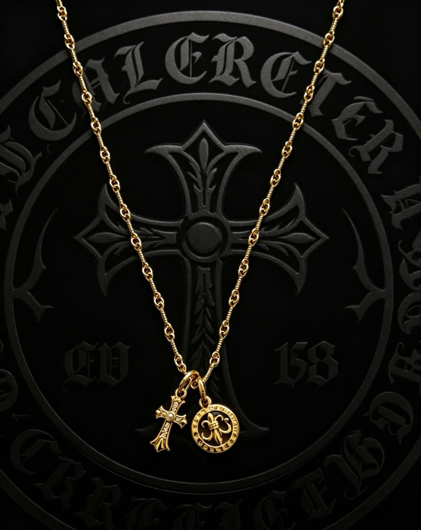 Chrome Hearts Gold Rosary Necklace with Cross and Round Medallion